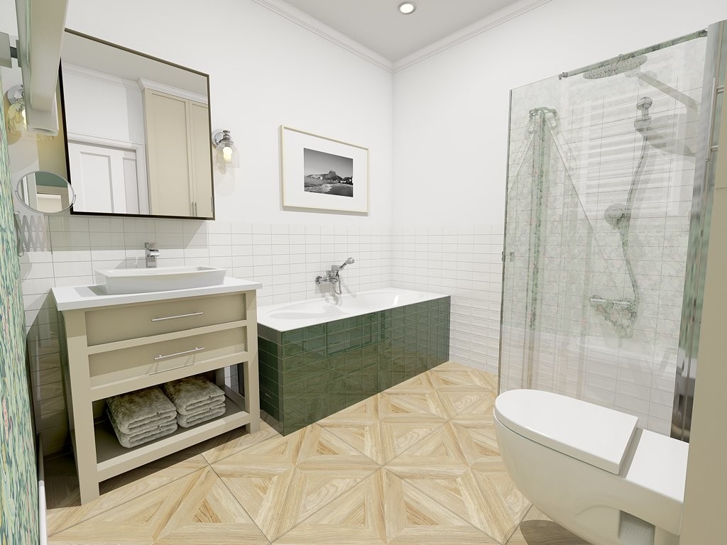Biało zielona łazienka z drewnianą podłogą