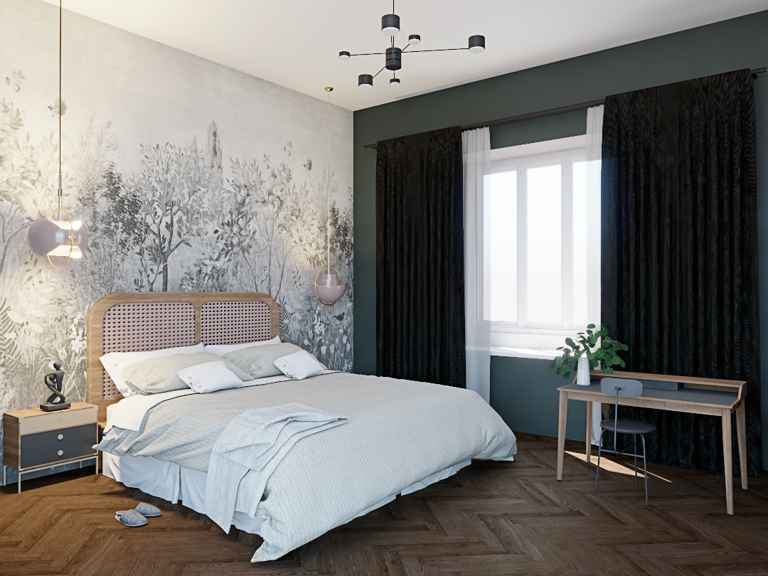 sypialnia z łóżkiem z rattanu pracownia architektury wnętrz Warszawa