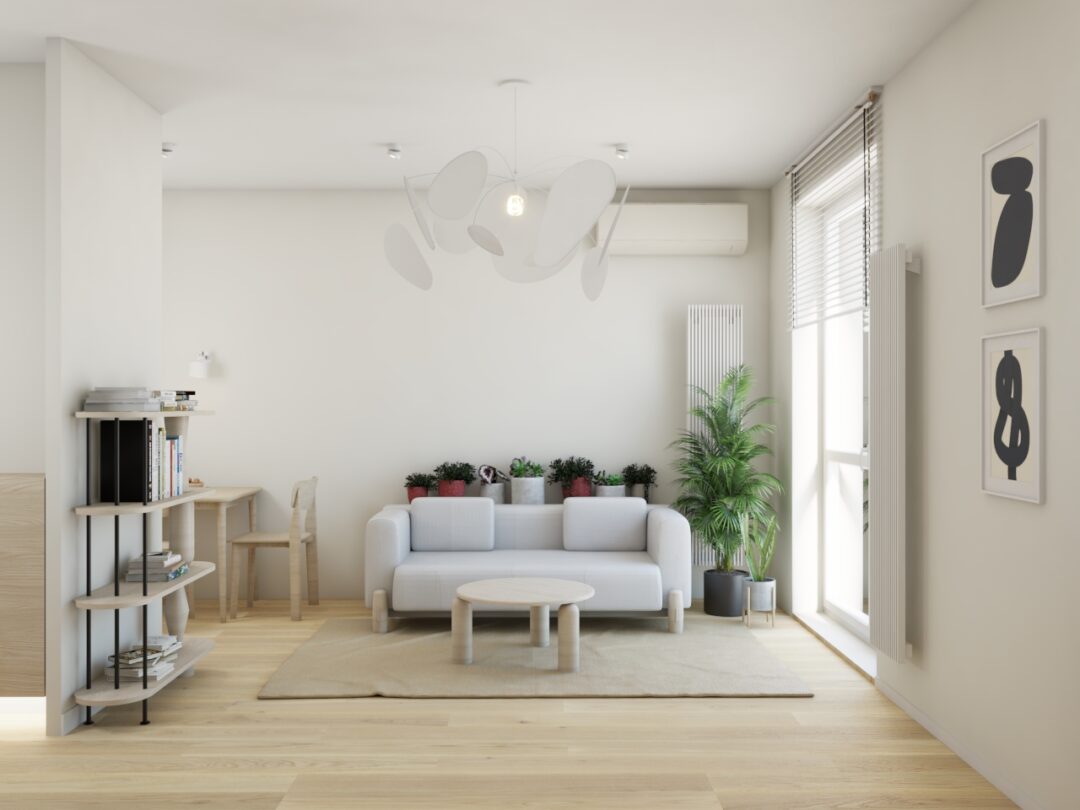 projekt salonu w stylu Japandi z szarą kanapą pracownia architektury wnętrz Warszawa