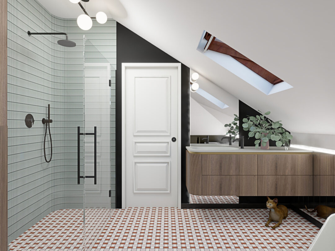 łazienka z drewnianą szafką umywalkową i podłogą z gorsecików zaprojektowana przez architekta wnętrz